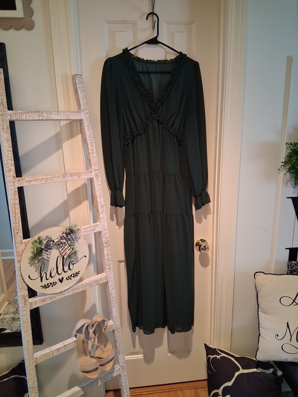 Ruffled V-Neck Tiered Maxi Dress in Dark Green